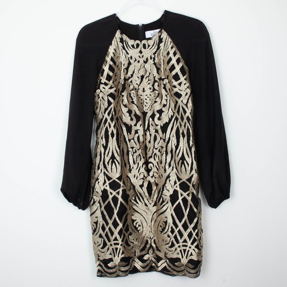 Belle Badgley Mischka Black Gold Brocade Cocktail Dress Long Sleeve Party Size 2